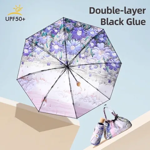 Portable 5-Fold UV Protection Sun Umbrella Double-Layer Black Glue Hand-Drawn Floral Print Mini Pocket Umbrella Sun Rain Dual Use Women Travel Umbrella
