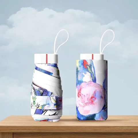 Women Flat Folding Sun Umbrella Artistic Hand Painted Floral Oil Painting Print UPF50 Anti-UV Portable Travel Rain Umbrella