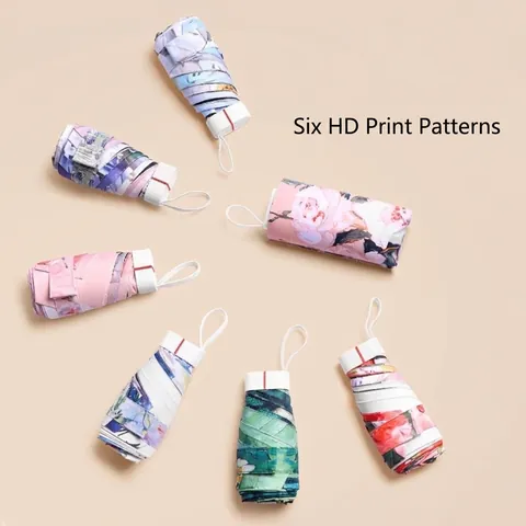Mini Portable 5-Fold Sun Umbrella UPF50+ UV Protection Oil Painting Floral Pongee Manual Umbrella For Women Sun Rain Dual Use