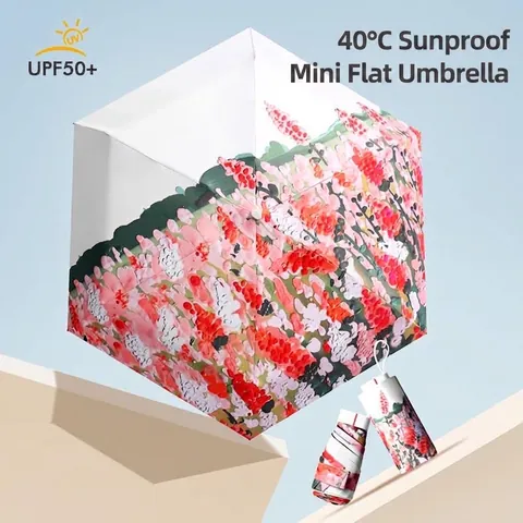 Mini Portable 5-Fold Sun Umbrella UPF50+ UV Protection Oil Painting Floral Pongee Manual Umbrella For Women Sun Rain Dual Use
