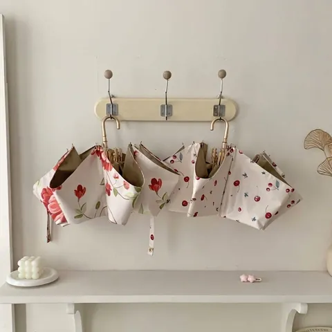 Vintage Floral Πτυσσόμενη Ομπρέλα Προστασία UV Ήλιος Βροχή Με Χρυσή Λαβή J-Hook Φορητή Ομπρέλα Ήλιου Ταξιδιού
