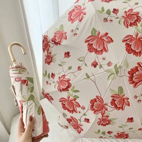 Vintage Floral Πτυσσόμενη Ομπρέλα Προστασία UV Ήλιος Βροχή Με Χρυσή Λαβή J-Hook Φορητή Ομπρέλα Ήλιου Ταξιδιού