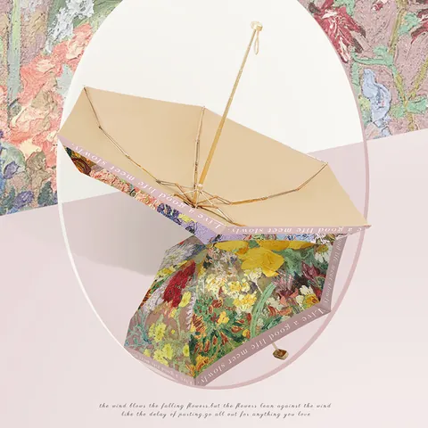 Mini Portable Sun Umbrella UV Protection Oil Painting Floral Pongee Fabric Aluminum Frame Pearl Chain Women Parasol Gift