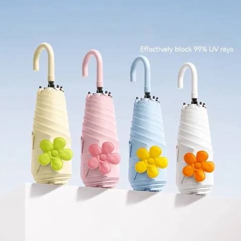 Five Fold Mini Pocket Sun Umbrella UV Protection Black Coating Pongee Fabric Portable Sun Rain Umbrella With Flower Decor For Women