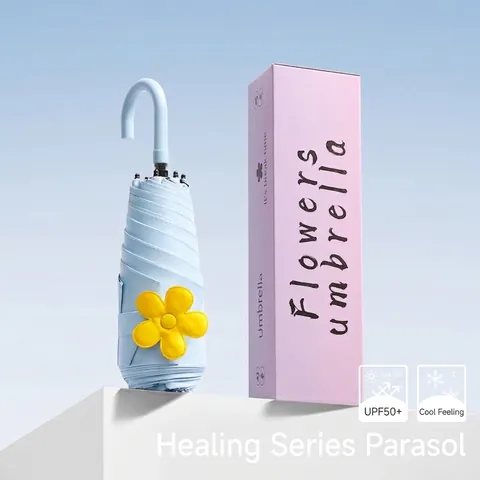 Five Fold Mini Pocket Sun Umbrella UV Protection Black Coating Pongee Fabric Portable Sun Rain Umbrella With Flower Decor For Women