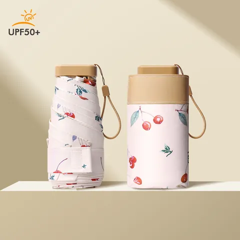 Compact Portable Mini Folding Sun Umbrella UV Protection UPF 50+ Floral Cherry Print Pocket Umbrella For Women Sunny Rainy Travel