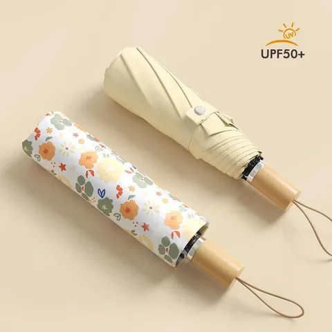 UPF50+ UV Protection Foldable Sun Rain Umbrella For Women Lightweight Portable Windproof Pongee Floral Printed Umbrella With Wood Texture Handle