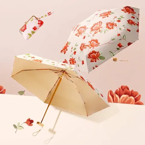 Women Mini Folding Sun Umbrella UV Protection UPF 50 Plus Portable Parasol With Vintage Floral Kiss Lock Pouch Sunny Rainy Umbrella