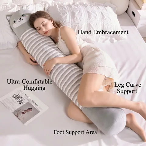 Traversin de Corps d'Été en Soie Glacée Rafraîchissant Design Dessin Animé Support de Sommeil Latéral Lavable Literie Rayée