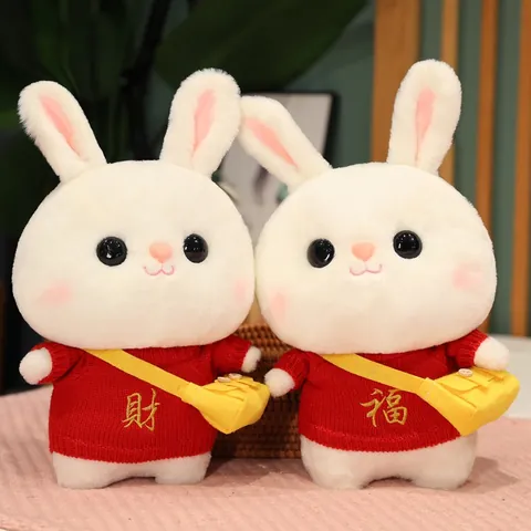Cute Cartoon White Rabbit Plush Toy Stuffed Animal Bunny Doll with Removable Sweater and Crossbody Bag New Year Mascot Gift for Kids