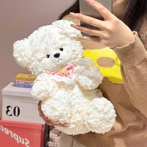 Cute White Rabbit Bear Puppy Plush Toy With Pink Bow Lace Bib Soft Soothing Stuffed Animal Doll For Kids Room Decor Gift
