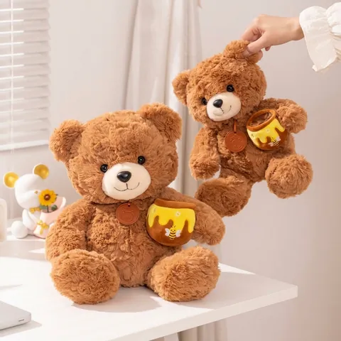 Adorable Brown Teddy Bear Plush Toy Holding Honey Jar Soft Stuffed Animal Doll For Girls Birthday Gift Home Decoration