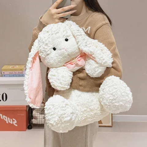 Cute White Rabbit Bear Puppy Plush Toy With Pink Bow Lace Bib Soft Soothing Stuffed Animal Doll For Kids Room Decor Gift