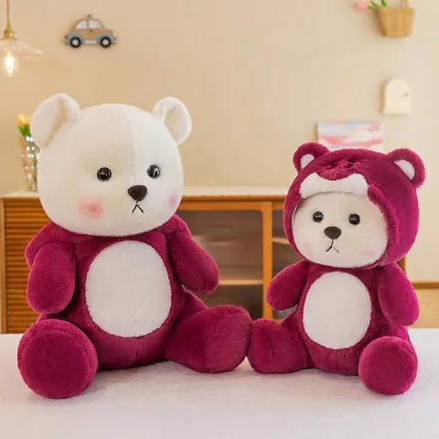 Cute Transforming Teddy Bear Plush Toy Rose Red Strawberry Bear Style Stuffed Animal Doll With Removable Hat Valentine Gift