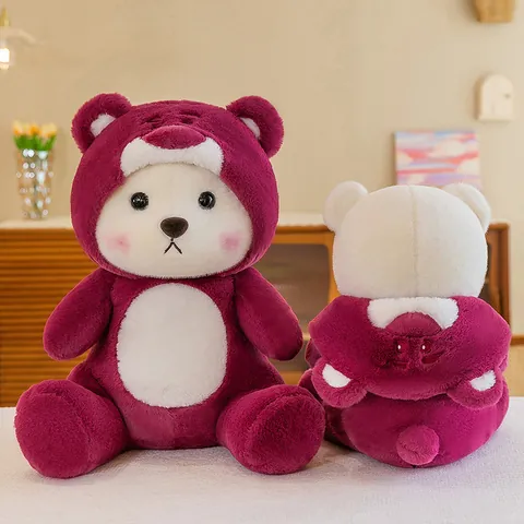 Cute Transforming Teddy Bear Plush Toy Rose Red Strawberry Bear Style Stuffed Animal Doll With Removable Hat Valentine Gift