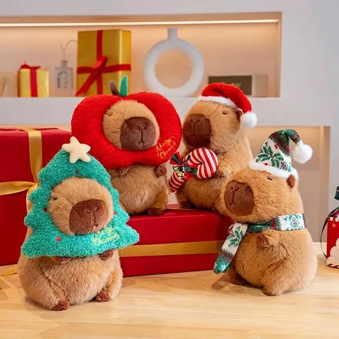 Christmas Capybara Plush Toy Soft Stuffed Animal Doll With Santa Hat Tree Decoration Gift For Kids Holiday Home Party Decor