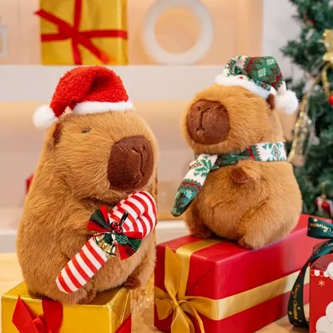 Christmas Capybara Plush Toy Soft Stuffed Animal Doll With Santa Hat Tree Decoration Gift For Kids Holiday Home Party Decor