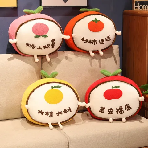Juego de Manta y Almohada de Felpa de Frutas 3 en 1 Poliéster Suave Caqui Naranja Durazno Manzana para Viaje Oficina Hogar