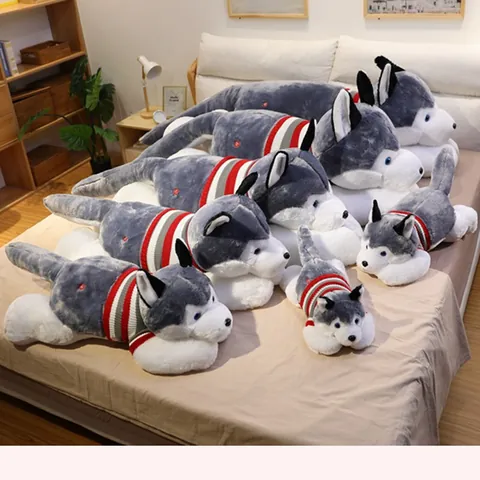 Soft Husky Plush Toy Stuffed Dog Long Body Pillow With Striped Sweater For Kids Adults Bedroom Sleeping Companion Gift
