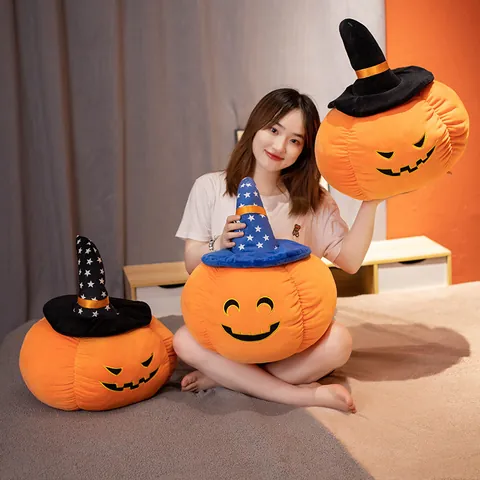 Halloween Pumpkin Plush Pillow Toy With Witch Hat Cartoon Ghost Face Stuffed Pumpkin Throw Cushion For Kids Home Decor Gift