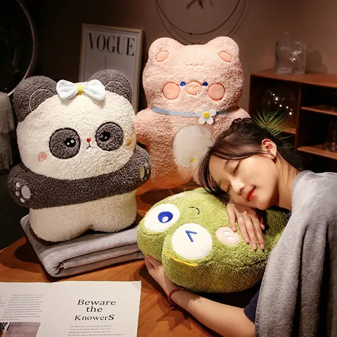 2-in-1 Animal Plush Pillow Blanket Combo Soft Panda Pig Rabbit Frog Travel Office Nap Cushion Washable Fleece Throw