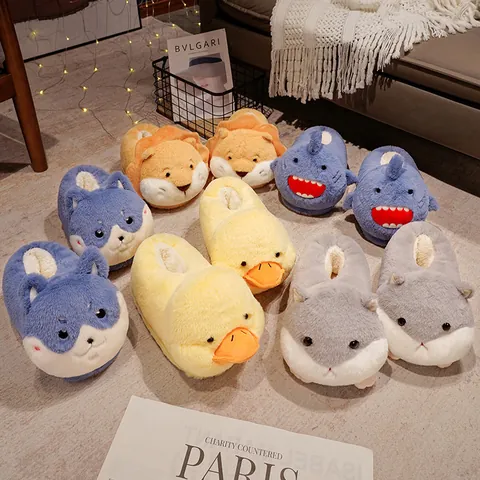Cartoon Animal Plush Slippers Winter Warm Indoor Home Shoes For Men Women Hamster Tiger Shark Lion Non-Slip Comfortable Footwear