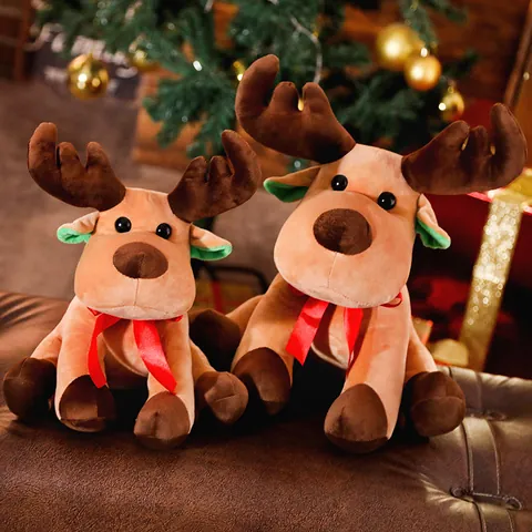 Cartone Animato Renna di Natale Peluche Morbido Giocattolo con Fiocco Rosso Regalo di Festa per Bambini Arredamento Casa