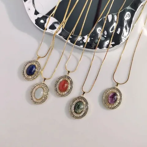 Französisch Vintage Oval Anhänger Halskette Für Damen Edelstahl Eingelegt Strass Schlangenkette Lange Pullover Kette Schmuck