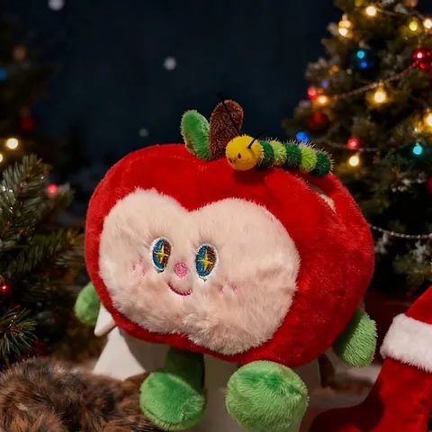 Christmas Apple Plush Toy With Caterpillar Cute Soft Stuffed Fruit Pendant For Bag Hanging Holiday Party Decor Gift
