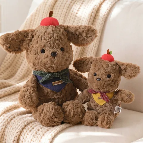 Apple Dog Plush Toy Teddy Dog Stuffed Animal Soft Sleeping Pillow Brown Curly Fur Puppy Doll Birthday Gift For Girls Kids