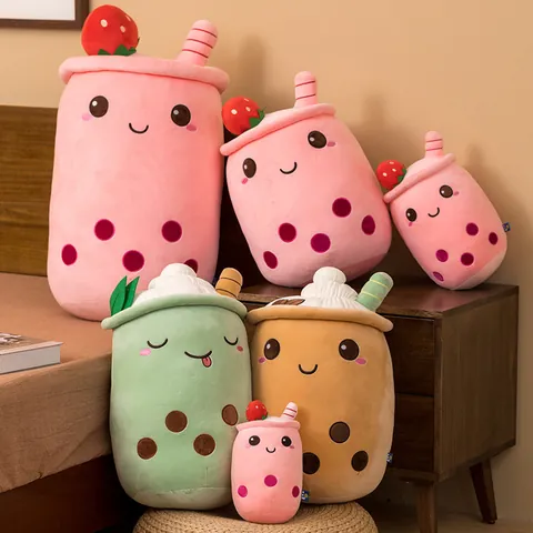 Peluche Realista de Taza de Té de Burbujas Lindo Cojín de Té con Leche de Fresa y Matcha Muñeco Relleno Suave Decoración del Hogar Regalo para Niños