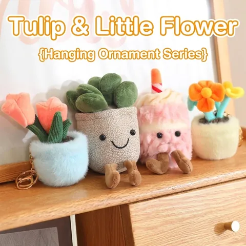 Cute Potted Tulip Succulent Plush Toy Keychain Pendant Soft Polyester Decorative Bag Charm Gift For Women Kids Pastoral Style