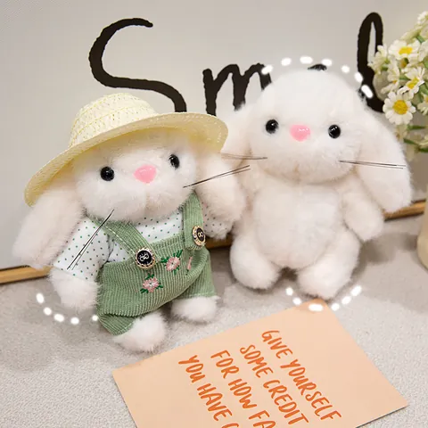 Cute Long Ear White Rabbit Plush Toy Gardener Bunny Doll With Straw Hat Flower Embroidery Overalls Soft Stuffed Animal Gift For Kids