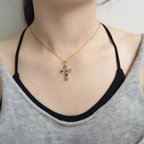 Collana con Pendente a Croce in Strass Colorati in Acciaio Inossidabile per Donna Collana a Croce Multicolore Intarsiata in Rame