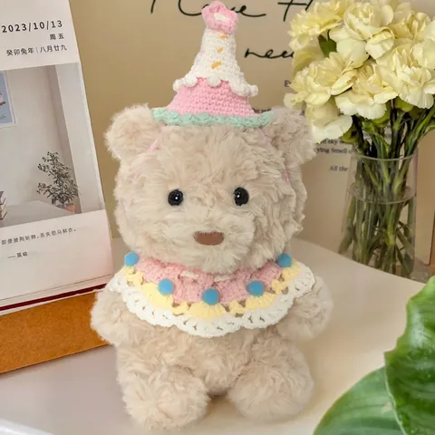 Exquisite Birthday Teddy Bear Plush Toy With Knit Hat And Lace Bib Creamy White Soft Stuffed Bear Doll For Kids Birthday Gift Home Decor