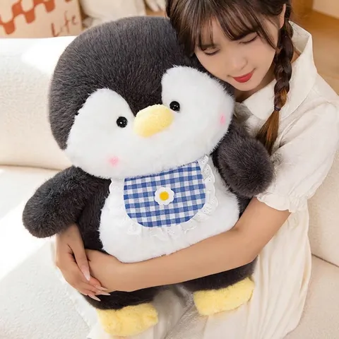 Cute Penguin Plush Toy Soft Stuffed Animal Doll With Plaid Bib Daisy Decoration Comfort Sleep Pillow For Kids Friends Gift