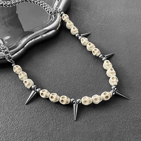 Gotische Punk Totenkopf Stachel Halskette Titanstahl Legierung Kunstharz Hip Hop Streetwear Schmuck Für Herren Damen Party