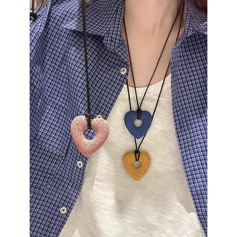 Large Hollow Heart Lava Stone Pendant Necklace Korean INS Style Leather Cord Sweater Chain For Women Versatile Long Necklace Jewelry