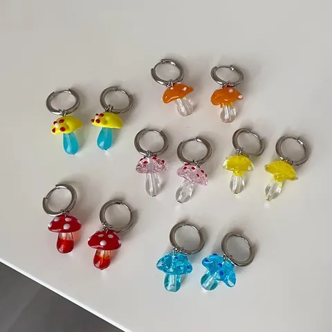 Dopamin Bunte Lampwork Pilz Ohrhänger Für Damen Süße Glas Pilz Ohrringe Legierung Hoop Schmuck
