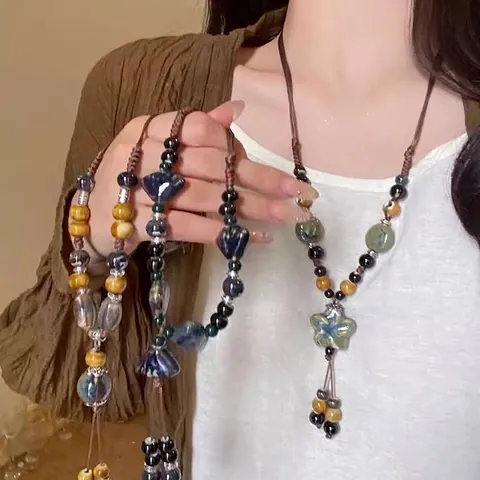 Vintage Ethnisch Keramik Perlen Lange Halskette Für Damen Neuer Chinesischer Stil Bunte Handgefertigte Anhänger Quaste Pulloverkette