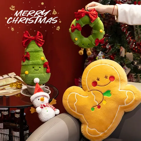 Christmas Tree Gingerbread Man Plush Pillow Wreath Snowman Stuffed Toy Holiday Home Decoration Cushion Soft Stuffed Doll
