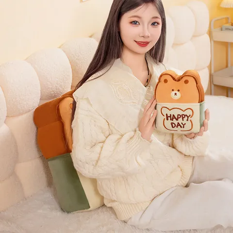 Cartoon Toast Bear Plush Pillow Cute Teddy Bear Bread Shaped Cushion For Student Chair Waist Support Happy Day Decorative Bolster