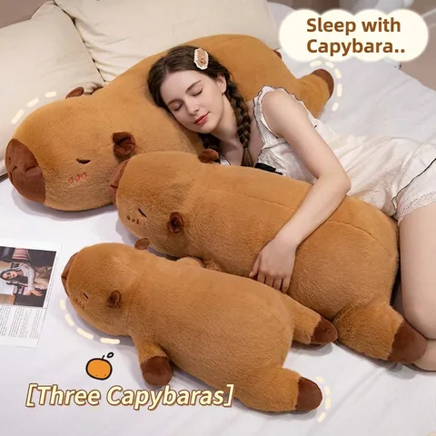 Kawaii Capybara Long Plush Body Pillow Soft Stuffed Animal Toy Brown Pink Capybara Doll With Removable Liner For Sleeping Bedroom Decor Women Kids Gift