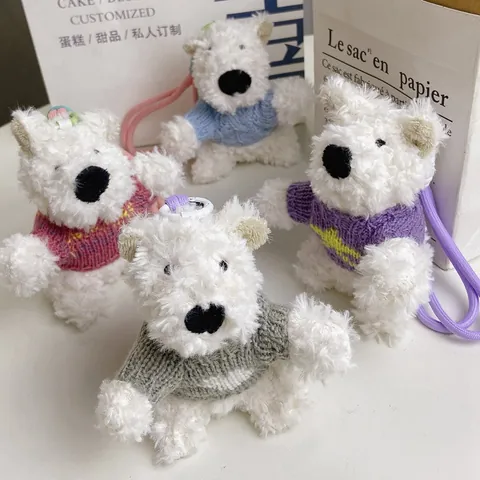 Cute West Highland White Terrier Plush Dog Keychain Pendant Mini Westie Puppy Stuffed Animal With Knitted Sweater For Bag Charms
