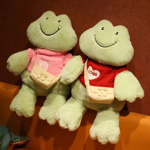 Cute Smiling Frog Plush Toy Soft Stuffed Animal With Removable Knitted Sweater And Small Bag For Kids Girls Birthday Gift