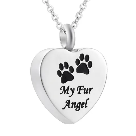 Stainless Steel Heart Urn Necklace For Pet Ashes Memorial Keepsake Pendant With Paw Print My Fur Angel Engraved Design