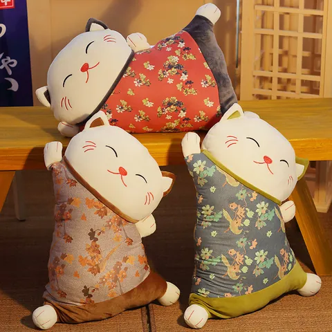 Estilo Japonés Gato de la Suerte 2 en 1 Cojín Manta Peluche Franela Multiusos Floral Plegable Almohada de Siesta para Oficina Hogar Coche