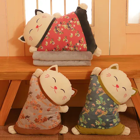 Estilo Japonés Gato de la Suerte 2 en 1 Cojín Manta Peluche Franela Multiusos Floral Plegable Almohada de Siesta para Oficina Hogar Coche