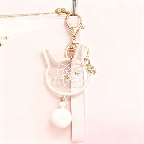 Cute Cat Head Dreamcatcher Keychain With White Plush Ball Hand-woven Cotton Bag Charm For Women Girls Gift Bohemian Accessory