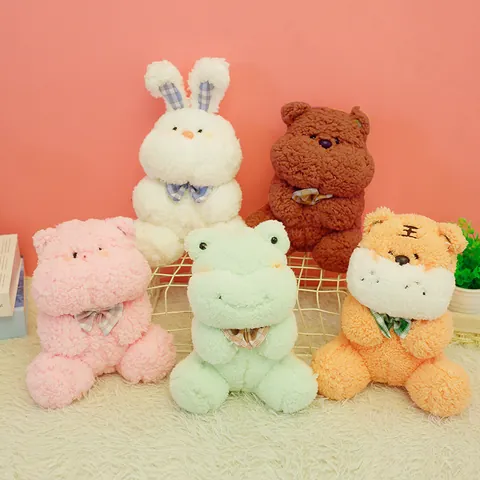 Cute Animal Plush Toy Cartoon Soft Stuffed Bunny Bear Tiger Frog With Plaid Bow Tie Polyester Stuffed Animals For Kids Gift